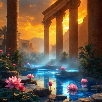 The primary subject of the image is a beautiful garden with a pond, surrounded by a variety of flowers and plants. The setting is a serene, natural environment with a mountainous backdrop. The visual style is a combination of photo and digital art, creating a realistic yet artistic representation of the garden. The colors and mood are predominantly warm and vibrant, with the flowers and plants adding a sense of life and tranquility to the scene.